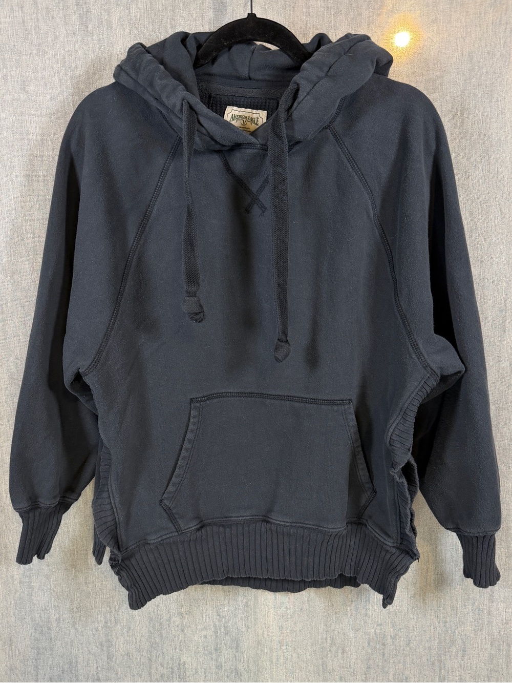 Vintage American Eagle Pullover Hoodie Y2K Navy Blue Sweatshirt Ribbed Trim S